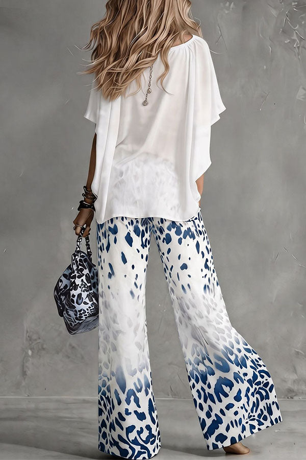 Safari Glam Draped Blouse & Ombre Leopard Wide-Leg Trousers Set