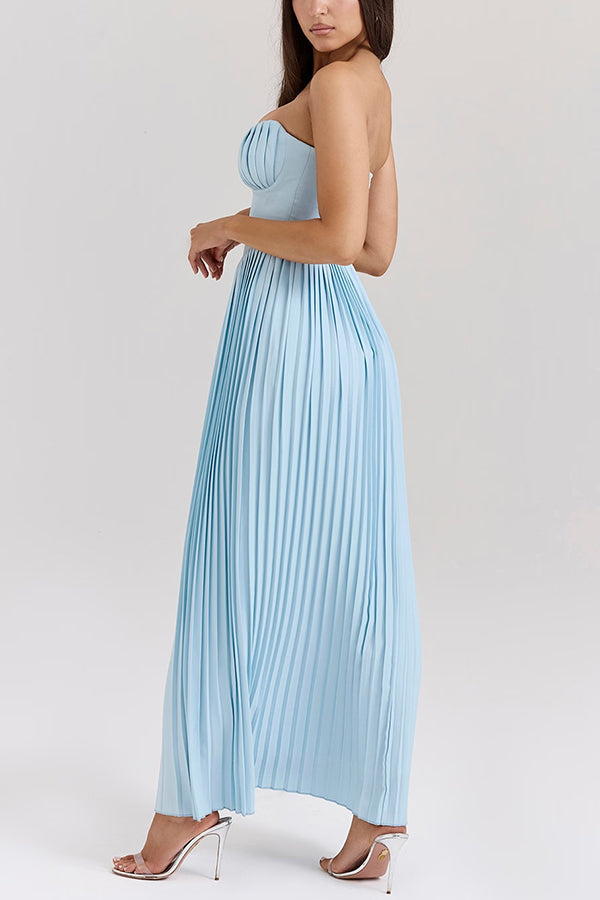 Strapless Sweetheart Pleated Bust Basque Waist Accordion Pleat Maxi Gown