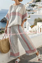 Linen Blend Unique Print Half Sleeve Top and Elastic Waist Pocket Loose Pants Set