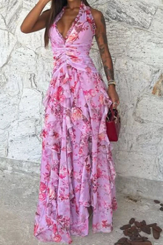Floral Halter Neck Deep V-Neck Ruffle Trim Tiered Ruffle High Split Maxi Dress