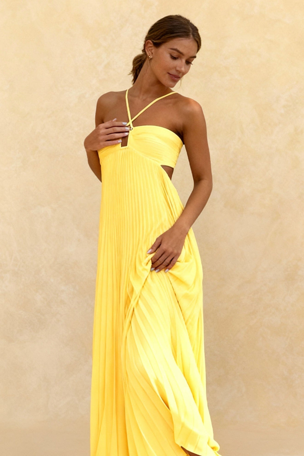 Pleated Halter Neck Cross Strap Keyhole Waist Cut Out Maxi Dress