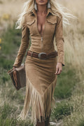 Retro Western Style Long-sleeved Fringed Hem Suede Midi Dress