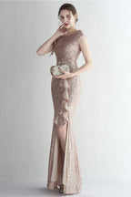 Glitter High Neck Mermaid Slit Formal Dress