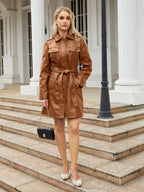 Trench Coat PU Leather Turndown Collar Long Sleeves Fall Outerwear