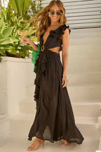 Deep V Neck Ruffle Strap Wood Ring Cutout Tiered Maxi Dress