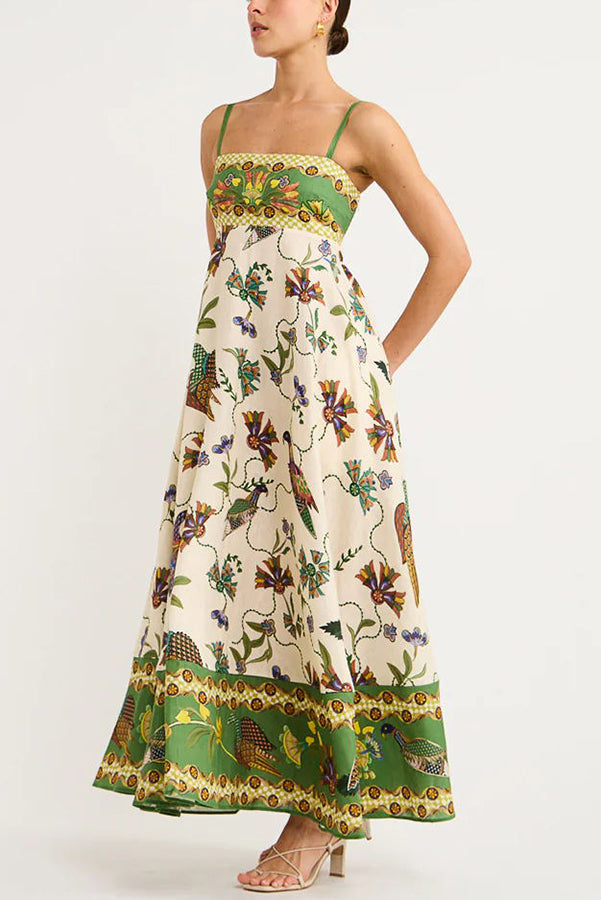 Bird Print Border Hem Spaghetti Strap Fit and Flare Pocket Maxi Dress