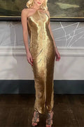 Metallic Pleated Fringe Halter Neck Backless Slit Maxi Gown