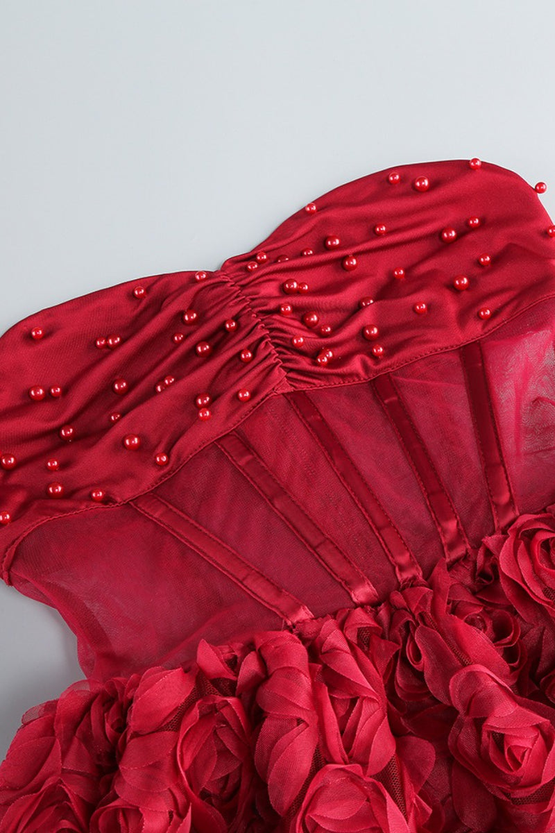 Strapless Sweetheart Pearl Beaded Ruched Bust Corset 3D Rosette Tulle A-Line Mini Dress