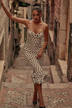 White Spaghetti Strap Sweetheart Neck Polka Dot Ruffle Hem Midi Dress
