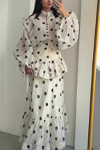 Stylish Polka Dot Print Stand Collar Long Sleeve Elegant Ruffle Maxi Dress
