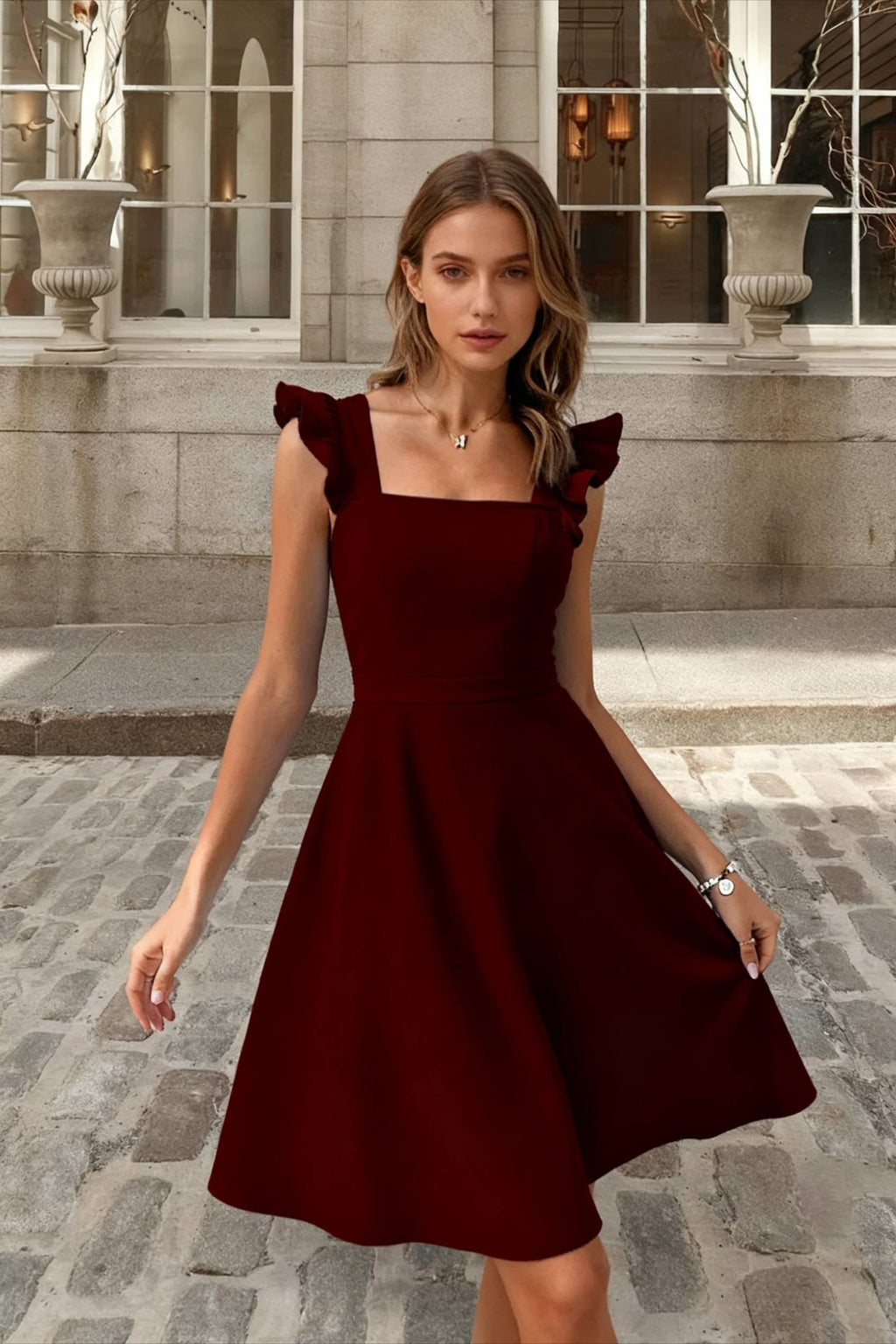 Square Neck Ruffle Shoulder Strap Back Bow Tie Fit and Flare Mini Dress