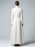 White Woolen Full-Length Coat With Stand Collar And A-Line Silhouette For Women 2026