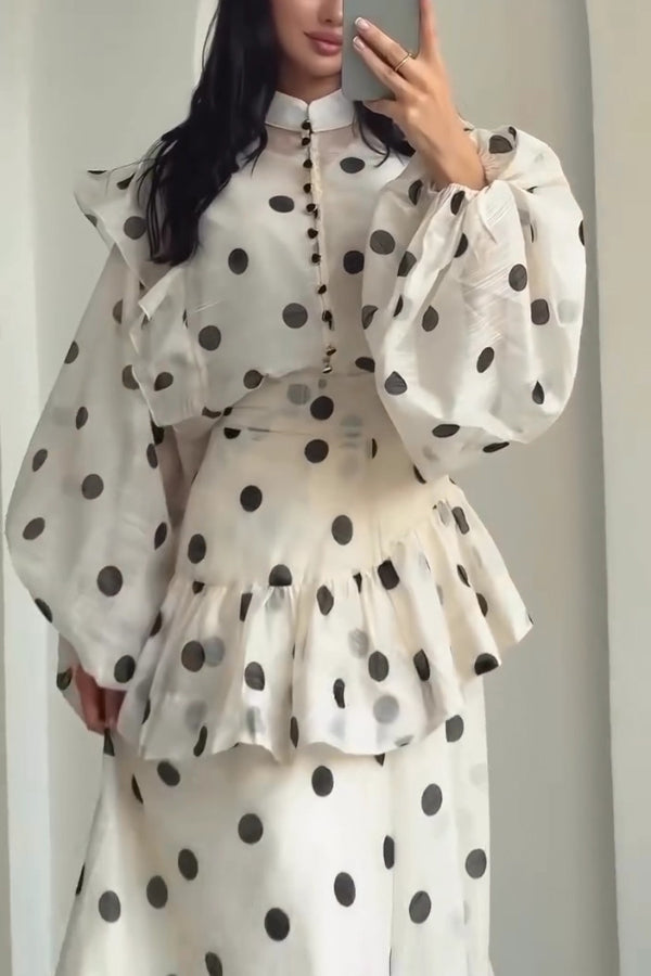 Stylish Polka Dot Print Stand Collar Long Sleeve Elegant Ruffle Maxi Dress