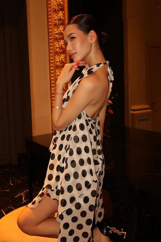 Polka Dot Halter Neck Ruffle Asymmetrical High Low Maxi Dress