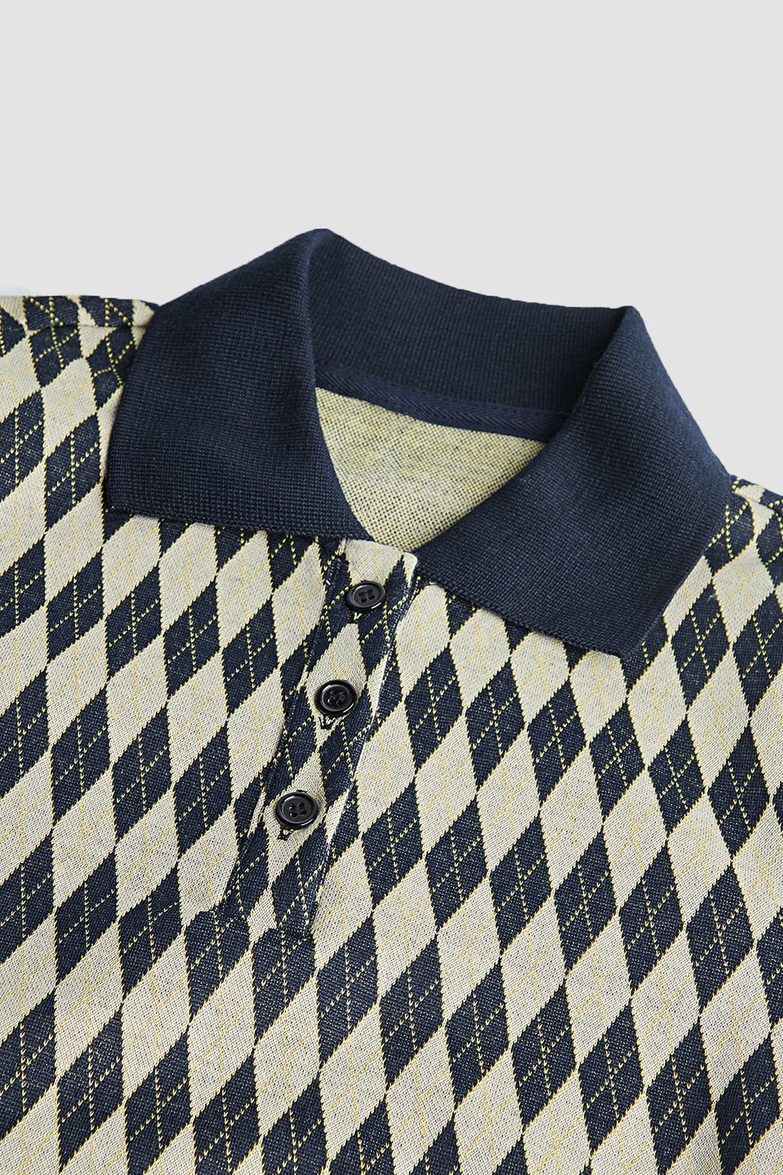 Diamond Argyle Knit Polo Collar Button Front Puff Sleeve Mini Dress