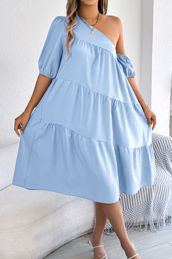 Solid Color Loose Slash Neck Short-sleeved Casual Midi Dress