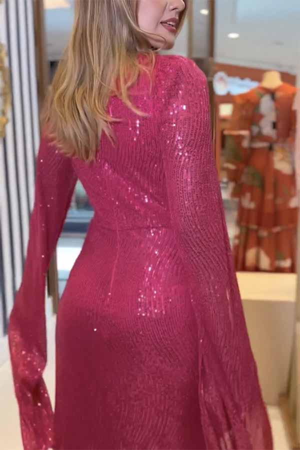 Deep V-Neck Twist Waist Sequin Cape Sleeve Column Maxi Gown