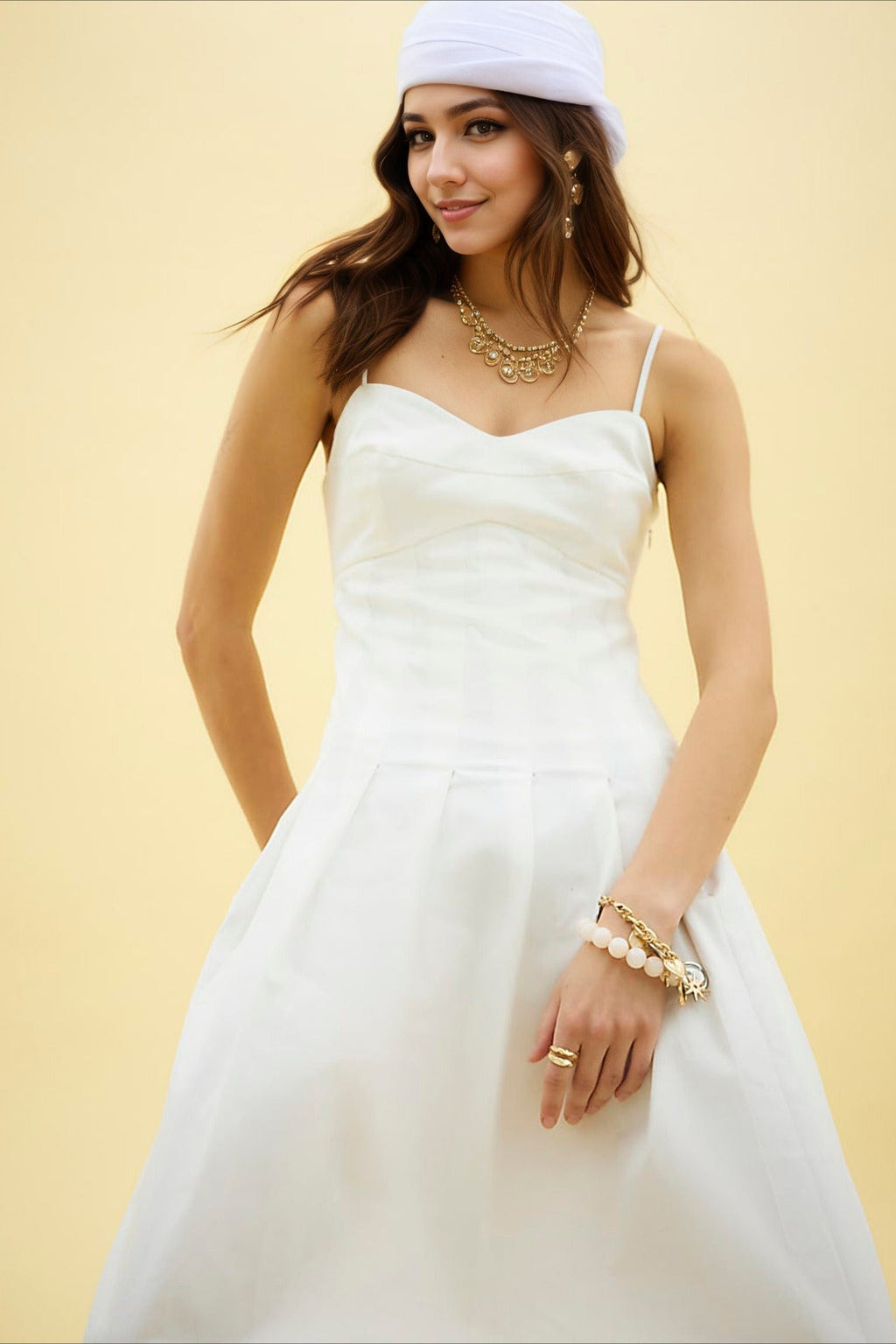 Spaghetti Strap Corset Bodice Knife Pleat A-Line Midi Dress