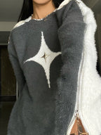 Star Decor Zipper Cutout Loose Sweater