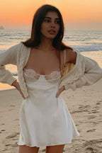 Satin Lace Trim Bustier Spaghetti Strap Mini Slip Dress