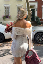 Off Shoulder Lace Trim Drawstring Neck Long Sleeve Ruched Bodycon Mini Dress