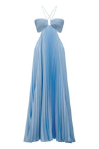 Sky Blue Halter Pleated Satin A Line Prom Dresses With Cutout