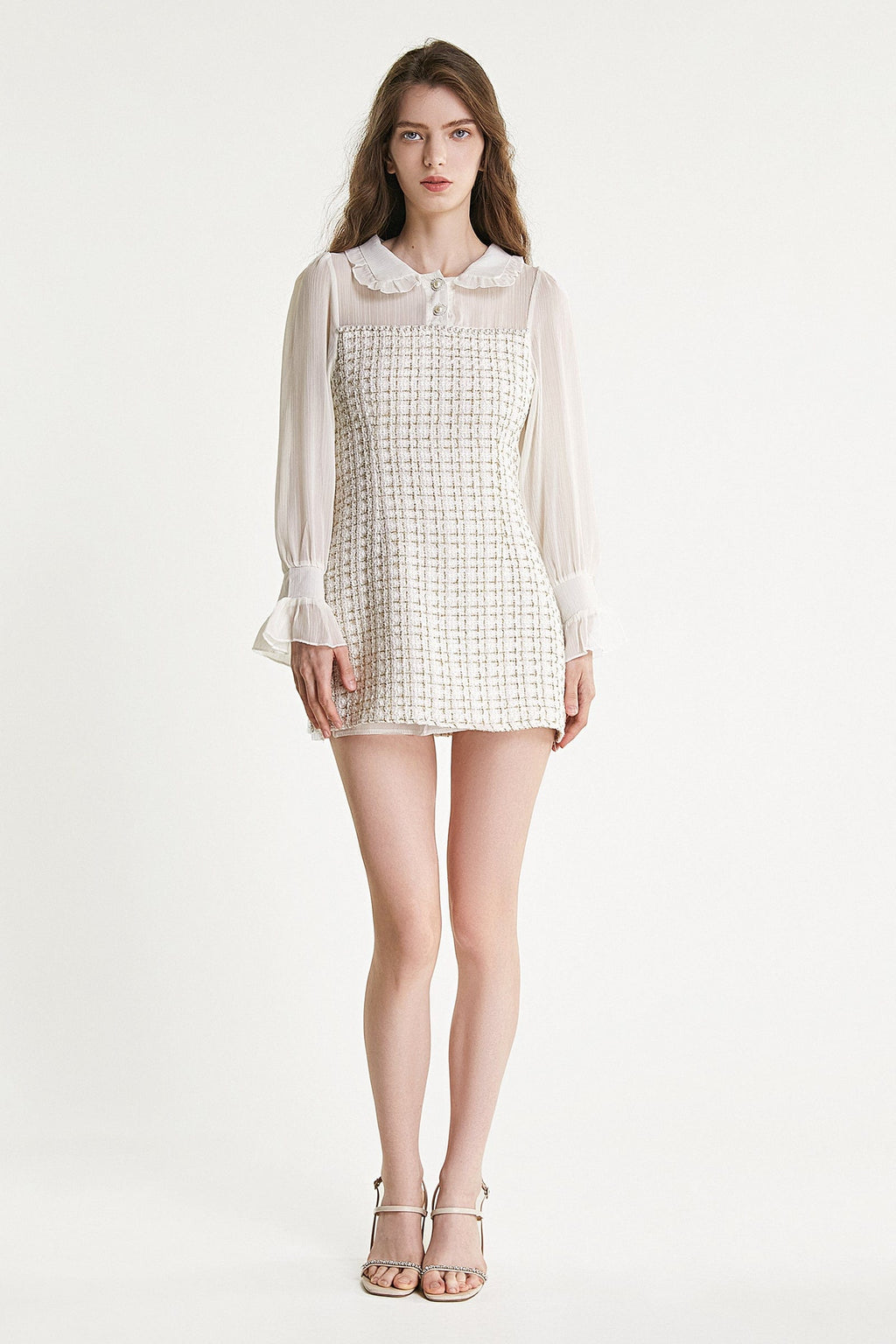 Mesh Yoke Peter Pan Collar Balloon Sleeve Tweed Pearl Trim Mini Dress