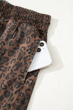 Brown Leopard Print Elastic Waist Drawstring Denim Skort