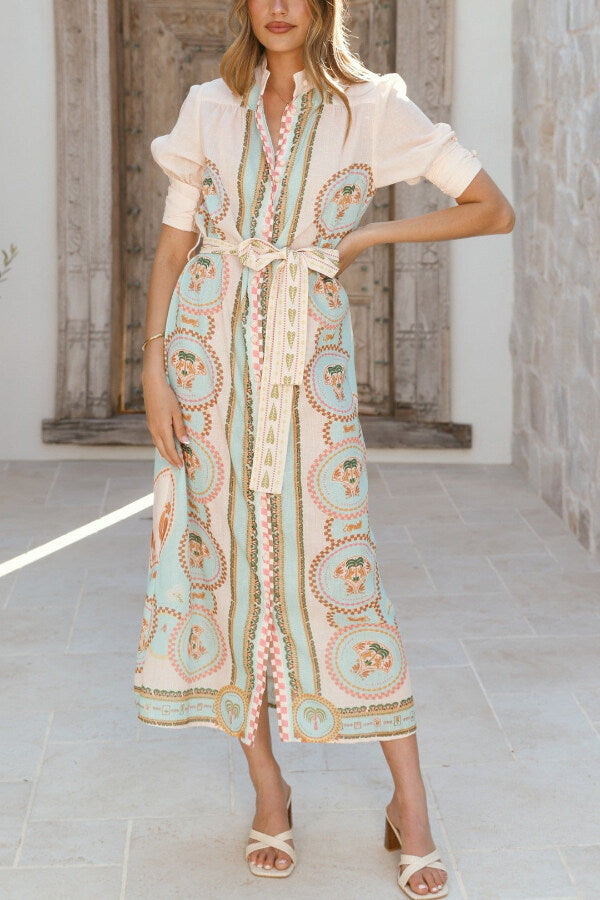 Unique Printed Puff Sleeve Button Lace Up Vacation Maxi Dress