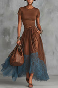 Stylish Round Neck Short-sleeved Fitted Top and Elastic Waist Pockets Lace Hem Maxi Skirt Set