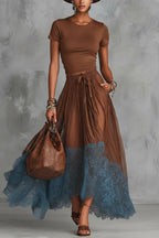 Stylish Round Neck Short-sleeved Fitted Top and Elastic Waist Pockets Lace Hem Maxi Skirt Set