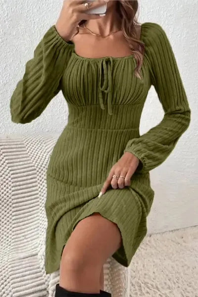 Blue Zone Planet | Ribbed Tied Square Neck Long Sleeve Mini Dress