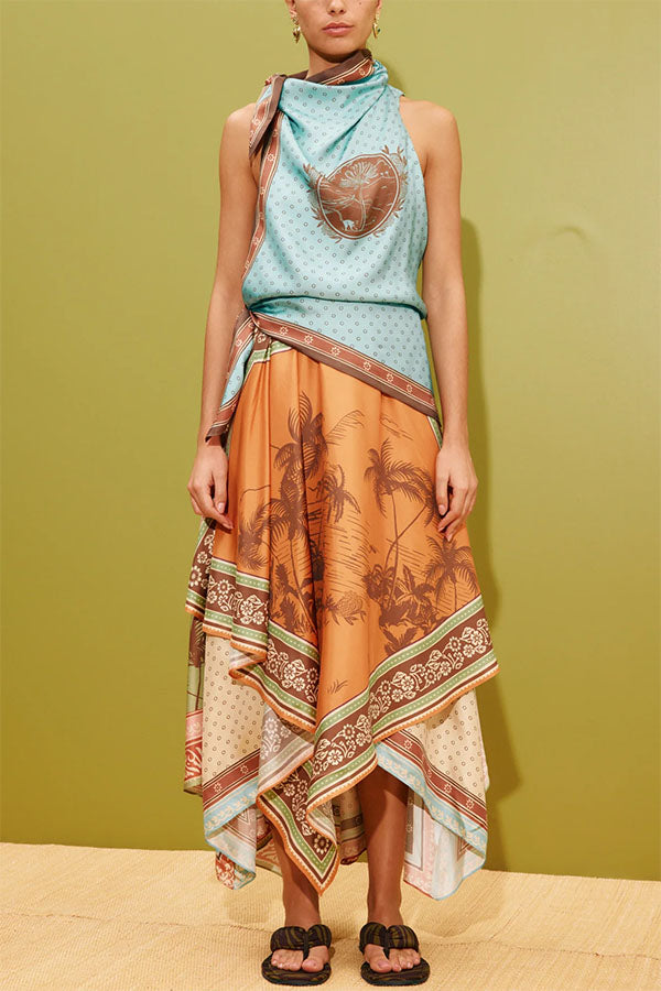 Alberta Satin Unique Color-blocked Print Tie Detail Layered Scarf Midi Dress