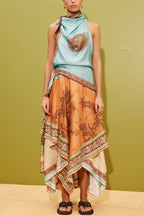Alberta Satin Unique Color-blocked Print Tie Detail Layered Scarf Midi Dress