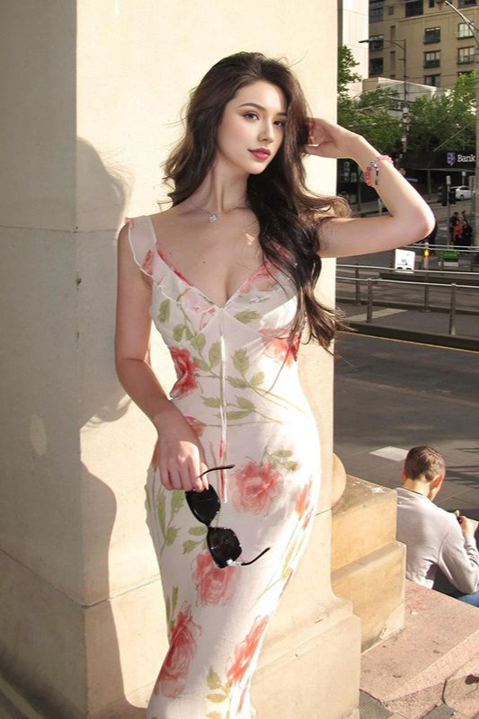 Floral Print Ruffle Trim Deep V-Neck Tie Front Bodycon Midi Dress