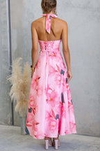 Floral Print V-neck Backless Tie-up Fitted Waist Elegant Maxi Dress
