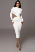 Mock Neck Long Sleeve Side Cutout Ruched Bodycon Midi Dress
