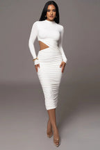 Mock Neck Long Sleeve Side Cutout Ruched Bodycon Midi Dress