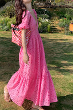 Eyelet Deep V-Neck Puff Sleeve Smocked Empire Waist Tiered Maxi Dress