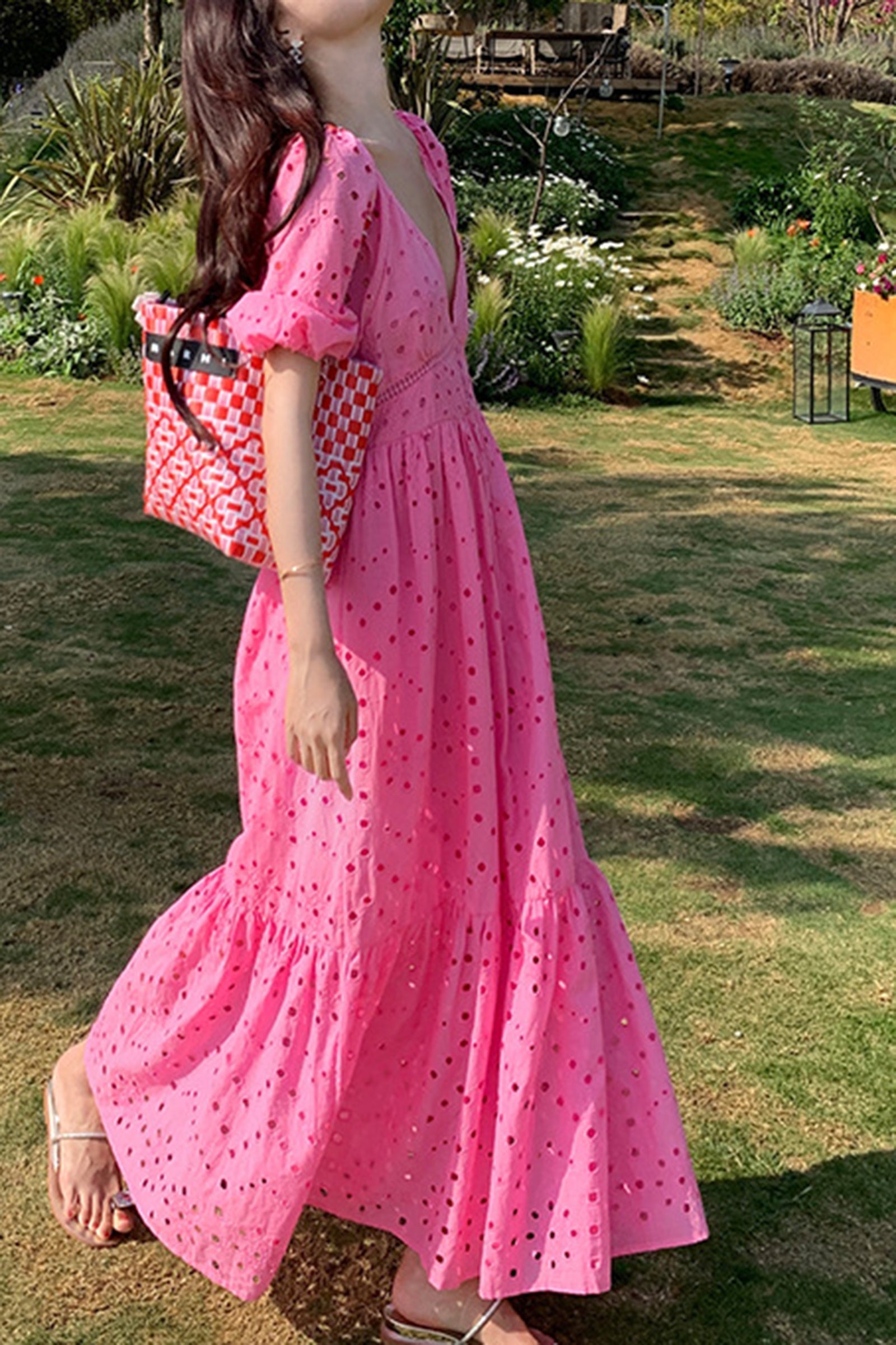 Eyelet Deep V-Neck Puff Sleeve Smocked Empire Waist Tiered Maxi Dress