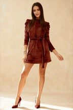Velvet Mock Neck Puff Shoulder Tie Waist Mini Dress