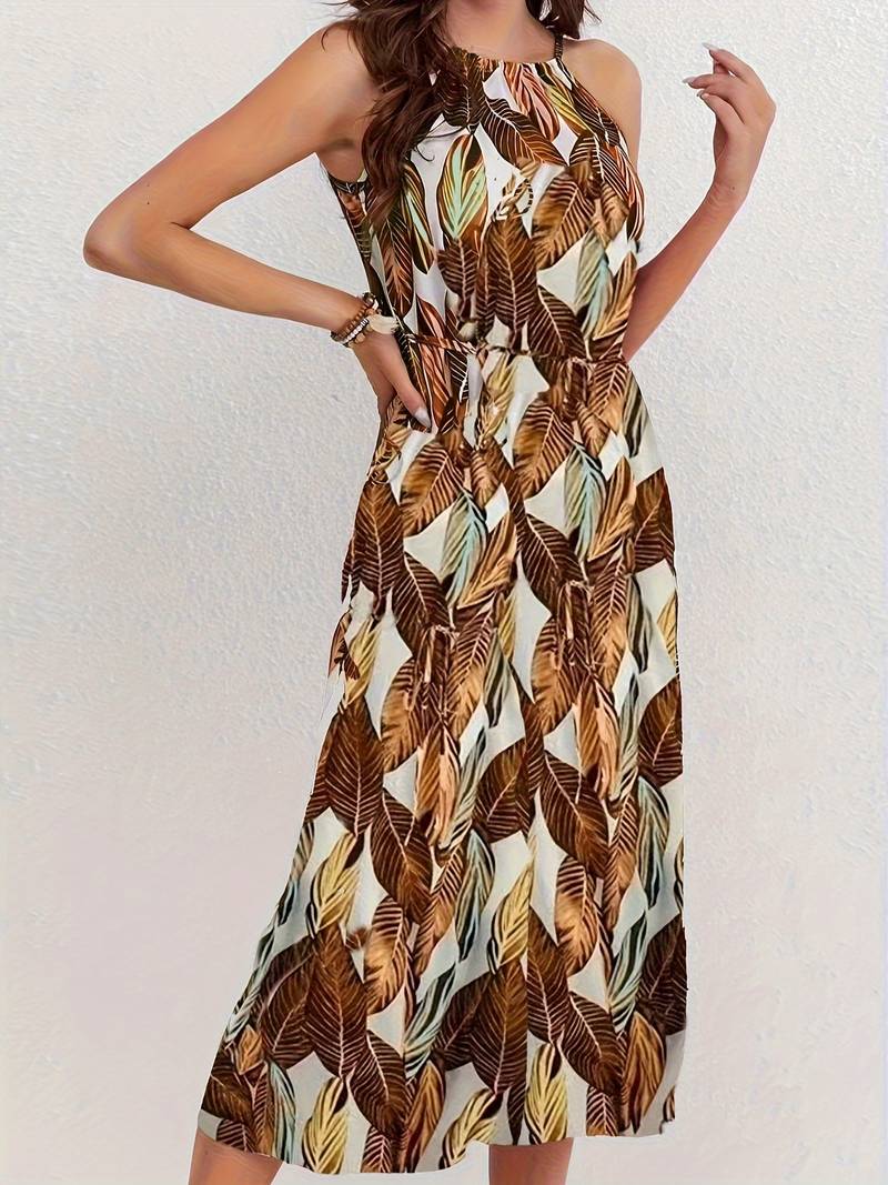 Jocelyn Boutique Halterneck Beach Dress with Leaf Pattern Premium Wardrobe Essential