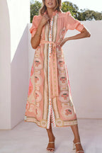 Unique Printed Puff Sleeve Button Lace Up Vacation Maxi Dress