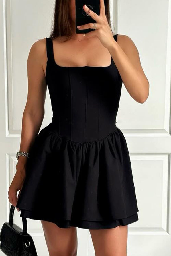 Velvet Square Neck Corset Seam Gathered Fit and Flare Mini Dress