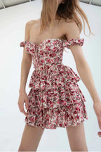 Floral Print Off Shoulder Lace Up Corset Tiered Ruffle Mini Dress