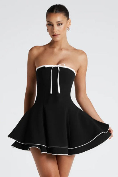 Black Contrast Bustier Lace-up Back Dress