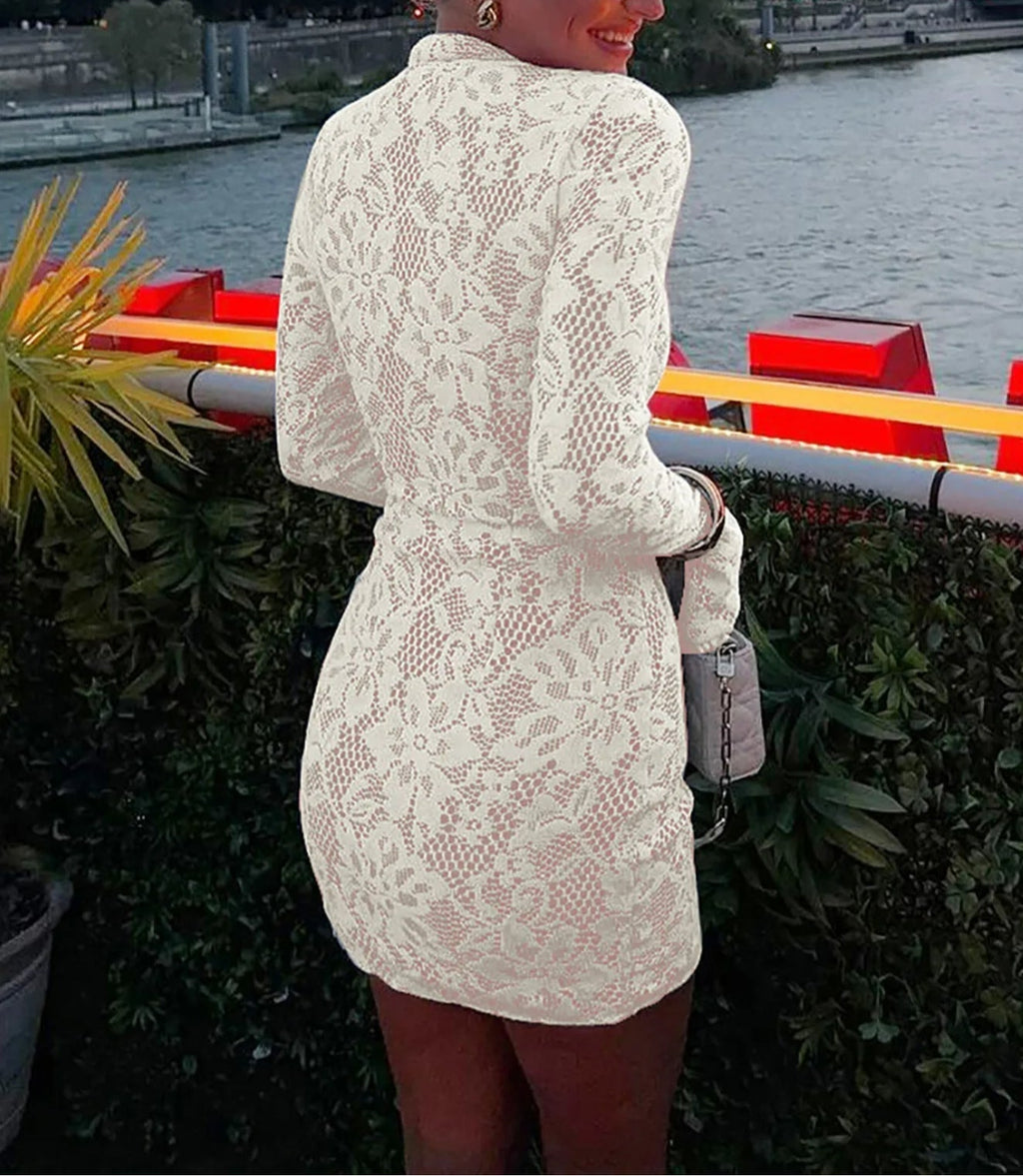Floral Lace Mock Neck Keyhole Cut Out Long Sleeve Bell Cuff Bodycon Mini Dress