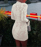Floral Lace Mock Neck Keyhole Cut Out Long Sleeve Bell Cuff Bodycon Mini Dress