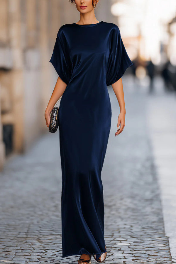 Solid Color Round Neck Short-sleeved Elegant Draped Maxi Dress