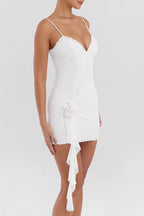 Lace Strapless Corset Mesh Drape Floral Rosette Cascade Mini Dress